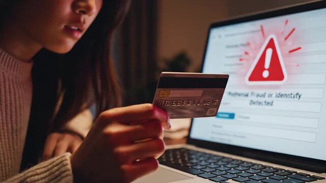 P60-Person holding a credit card while using a laptop computer with warning symbol representing online 4K 10s