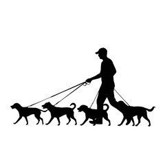 Male dog walker walking with group of pets silhouette vector graphic. JPEG version.