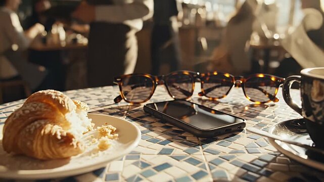 Parisian Morning Still Life A warm and inviting scene featuring a flaky croissant coffee cup stylish sunglasses and smartphone on a charming cafe table