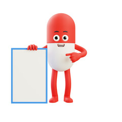 Red capsule mascot holding vertical blank board, clean 3D illustration ideal for healthcare announcements, promotions, educational content, and branding.