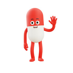 Friendly red capsule character waving hand in welcoming gesture, simple 3D style perfect for healthcare greetings, apps, and medical branding.