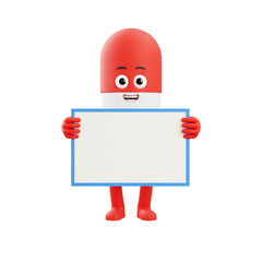Red capsule mascot holding blank signboard, clean 3D illustration perfect for medical messages, health campaigns, advertising, and informative design.