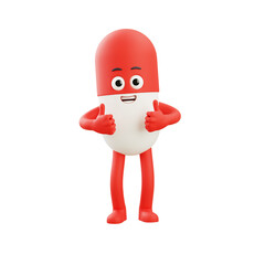 Red capsule character standing confidently with friendly expression, clean 3D style suitable for medical concepts, health branding, and digital illustrations.