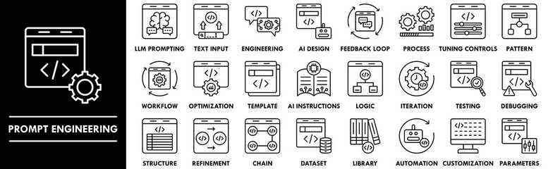 Prompt Engineering outline icon collection set. Containing design assistant, ai, prompt, technology, artificial intelligence