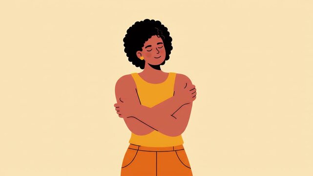 Flat animated woman embracing self with glowing heart celebrating self-love and autonomy