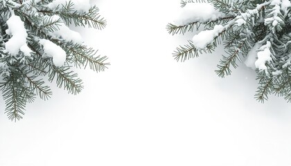 Snow-covered pine branches against a white winter background