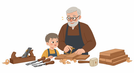 Grandfather and grandson bond over woodworking, as the skilled craftsman teaches the eager boy traditional carpentry with hand tools and wood.