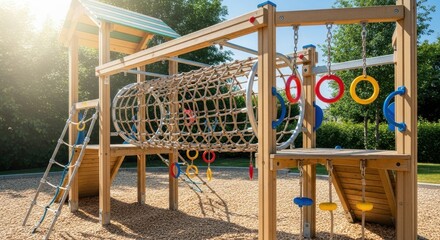 Sunlit playground adventure: A vibrant wooden structure for boundless joyful exploration and
