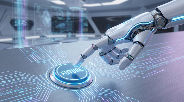 A futuristic robotic hand with glowing blue accents presses a prominent 'FUTURE' button on a high-tech, circuit-patterned surface in a modern control room. - Powered by Adobe