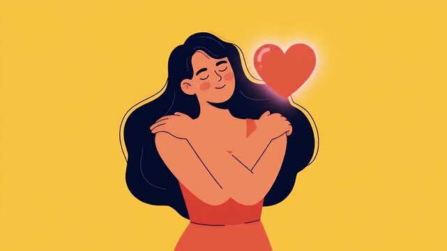 Flat animated woman embraces self with glowing heart celebrating self-love and autonomy