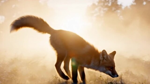 A red fox jumping through a sunny, dusty field with warm, golden tones.