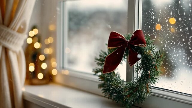 Festive wreath on snowy window sill amidst twinkling lights in cozy holiday scene