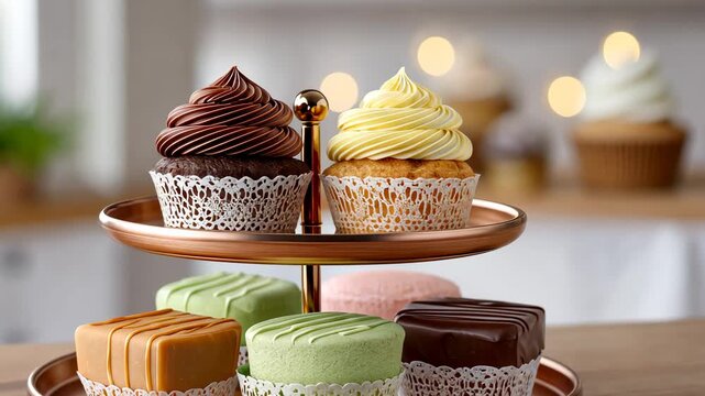 Delicious cupcake display: multicolored frosting and assorted pastries on a twotier stand