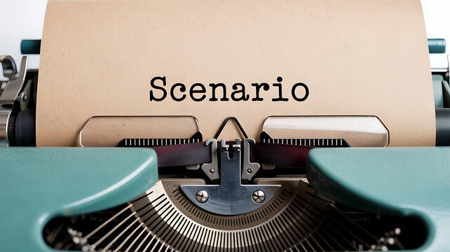 Vintage Typewriter Detail Showing Scenario Word on Paper, Scriptwriting and Movie Plot Development Concept for Writers and Filmmakers