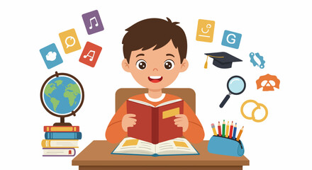 Happy boy reading a book, surrounded by diverse educational symbols representing a comprehensive learning experience and intellectual growth.