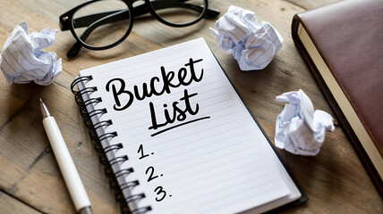 Handwritten Bucket List Title in Spiral Notebook with Numbered List on Wooden Desk with Glasses and Pen, Life Goals and Travel Planning Concept