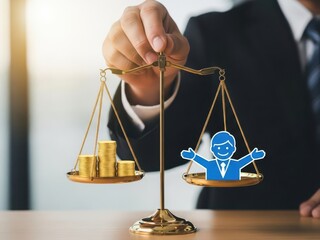 Closeup Businessman Hand holding a balanced scale with a coin stack and a happy customer icon, representing the equilibrium between profit growth and satisfaction