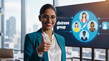 P195-Businessman giving thumbs up with icon of selected group of people. Concept for recruitment candida 4K 10s