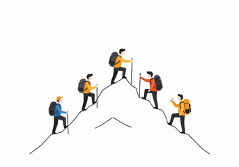 Fototapeta premium Five hikers with backpacks and trekking poles ascend a challenging mountain peak, symbolizing teamwork, ambition, and the journey of overcoming obstacles in a flat illustration style.