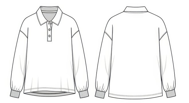 Technical illustration of a long-sleeved polo shirt with buttoned closure and relaxed fit