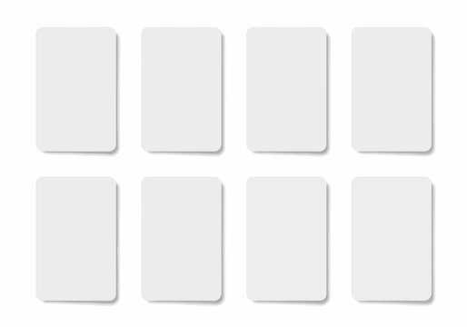 Eight blank white cards with rounded corners and subtle shadows, arranged on a clean white background, perfect for custom designs, text, or graphic elements.