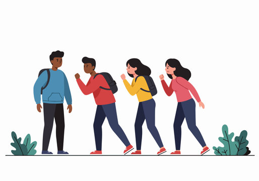 One student faces a group of confronting peers. This illustration captures themes of bullying, peer pressure, social conflict, and youth disagreement in a school environment.