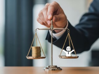 Closeup Businessman Hand holding a balanced scale with a coin stack and a happy customer icon, representing the equilibrium between profit growth and satisfaction