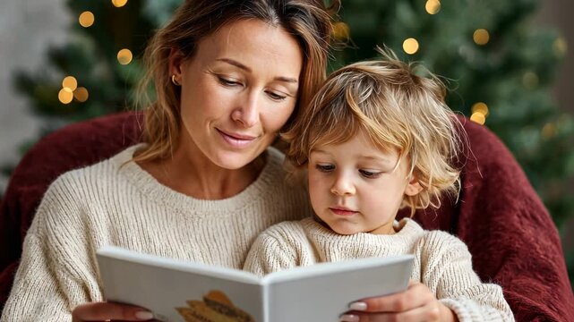 Mother and child reading together by christmas tree in cozy living room atmosphere
