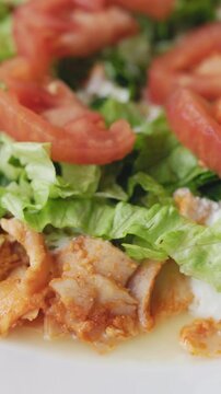 Close-Up of Chicken Kapsalon with Turkish Doner on White Plate