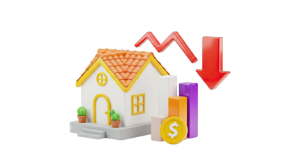 3D Rendering of House with Downward Trend and Financial Symbols