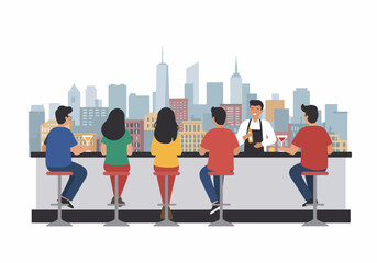 Diverse group of friends enjoying drinks at a modern bar with a city skyline backdrop, served by a cheerful bartender in a vibrant nightlife illustration.