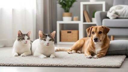 Dog and Cats Relaxing Together Indoors