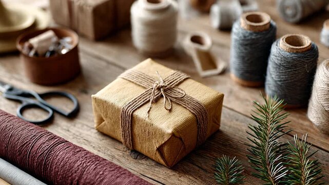 Rustic gift wrapping with natural materials and cozy holiday atmosphere - Powered by Adobe