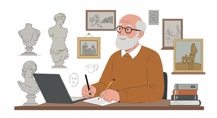 Elderly man drawing and studying art with classical sculptures and paintings, blending traditional learning with modern tools like a laptop at his desk.