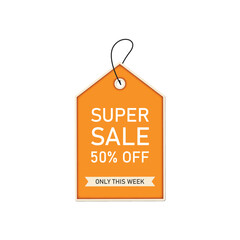 Orange price tag with super sale 50% off text and only this week banner for promotional marketing