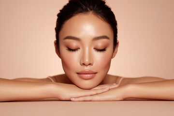 Beautiful young Asian woman with perfect skin posing with closed eyes on pink background 