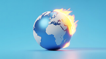 Naklejka premium Global Warming Concept Showing Planet Earth Globe Engulfed in Flames Against a Blue Backdrop