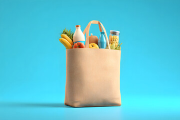 Grocery bag filled with fresh produce and drinks against a bright blue background