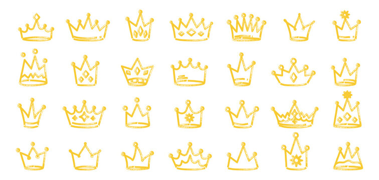 Hand drawn marker crown set in golden yellow color. Childlike doodle crowns with marker texture and expressive strokes. Royal crown icons drawn in marker sketch style. Vector illustration isolated.