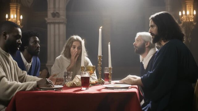 Jesus and Disciples Gathered for a Symbolic Meal, Sharing and Discussion Around a Table Laden