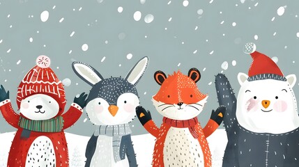 A group of cartoon animals wearing winter clothing and standing in the snow