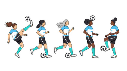 Diverse women's soccer team in action, illustrating various game skills and practice.