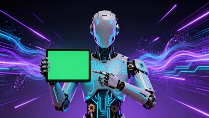 Futuristic robot holding digital tablet