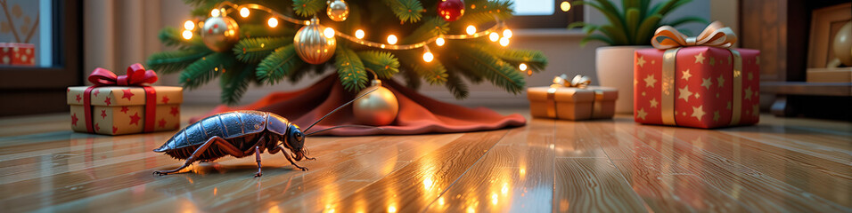 Metallic cockroach crawling across polished wood floor, illuminated by glowing lights of Christmas tree. Wrapped gifts surround the tree in warm home setting, ideal for cockroach control banner.