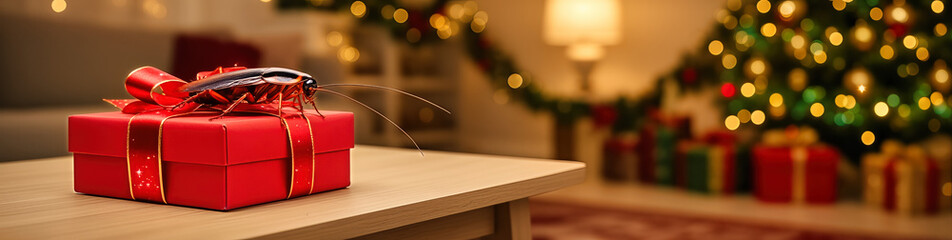 Cockroach rests on glossy red Christmas gift box, adorned with festive ribbon, set on wooden table. Scene, with blurred warm lighting and holiday decorations in background,
