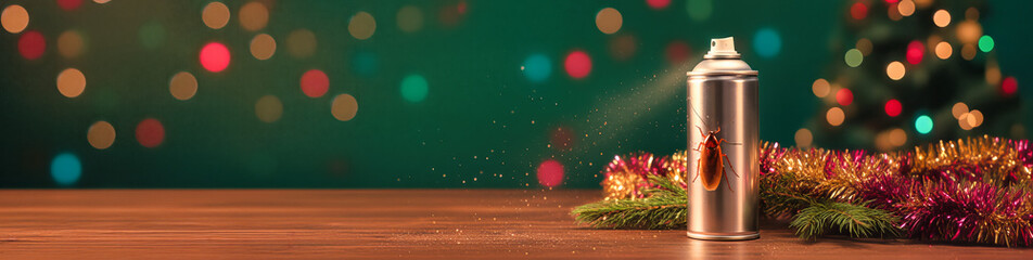 Silver spray can spraying near brown cockroach on wooden surface, surrounded by golden and emerald tinsel and blurred Christmas lights. Concept for cockroach control banner,