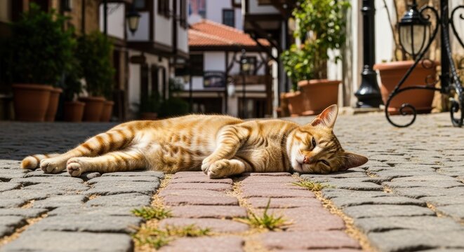 Tranquil ginger tabby cat lounging on a sun-drenched cobblestone street in picturesque cityscape - Powered by Adobe