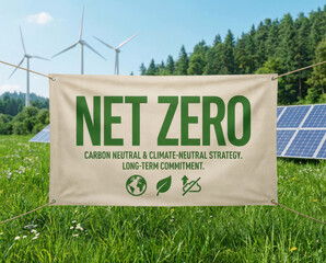 Green net zero carbon reduction neutral sustainable nature net zero banner field shows carbon neutral reduction goal for sustainable future and nature carbon reduction to net zero concept
