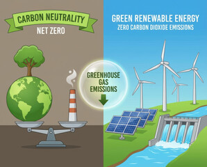 Green energy carbon reduction neutral sustainable net nature theme with earth balance scale wind turbine solar panel hydro power clean future concept carbon reduction to net zero concept