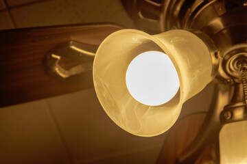 A light fixture on a ceiling fan